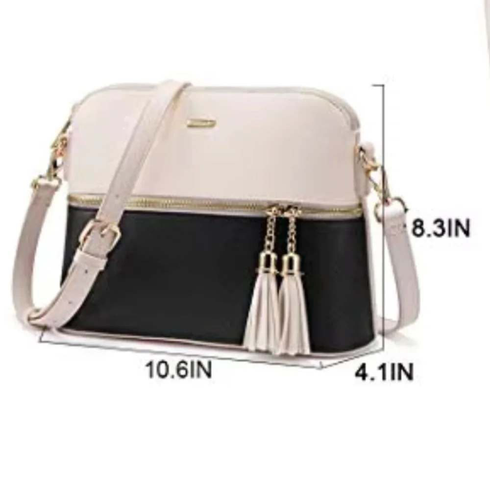 Lovevook Faux Leather Contrast Zip Crossbody Bag Purse Cream Black Small Size